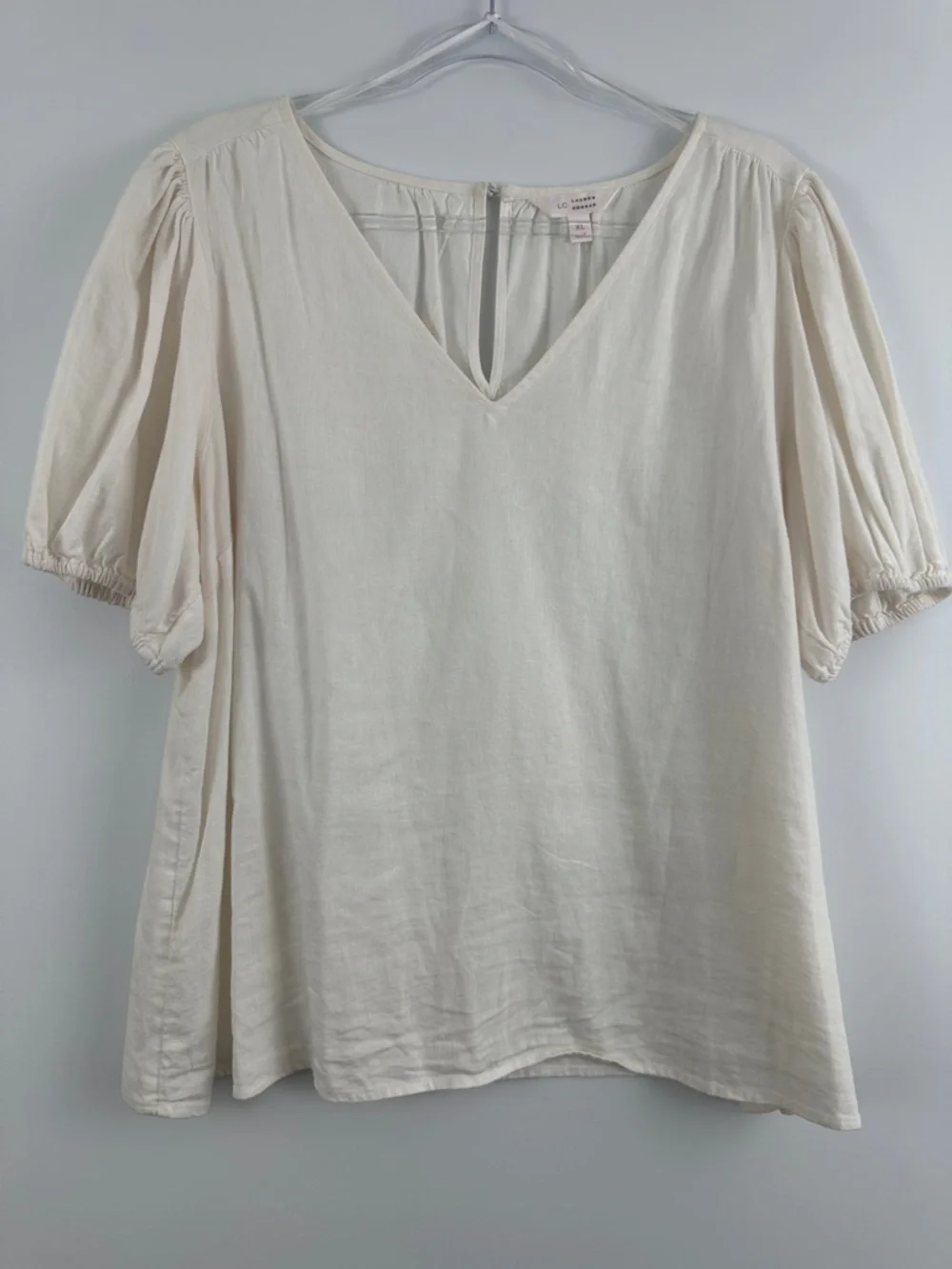 LC Lauren Conrad Cream Linen Blend Puff Sleeve Blouse XL V-Neck Cottagecore Top - Picture 2 of 7